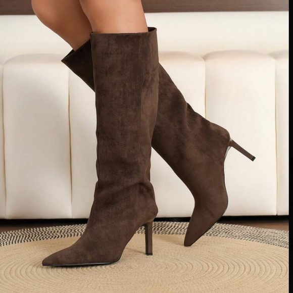 Brown faux suede knee high boots pointed toe heeled boots - Picture 4 of 5